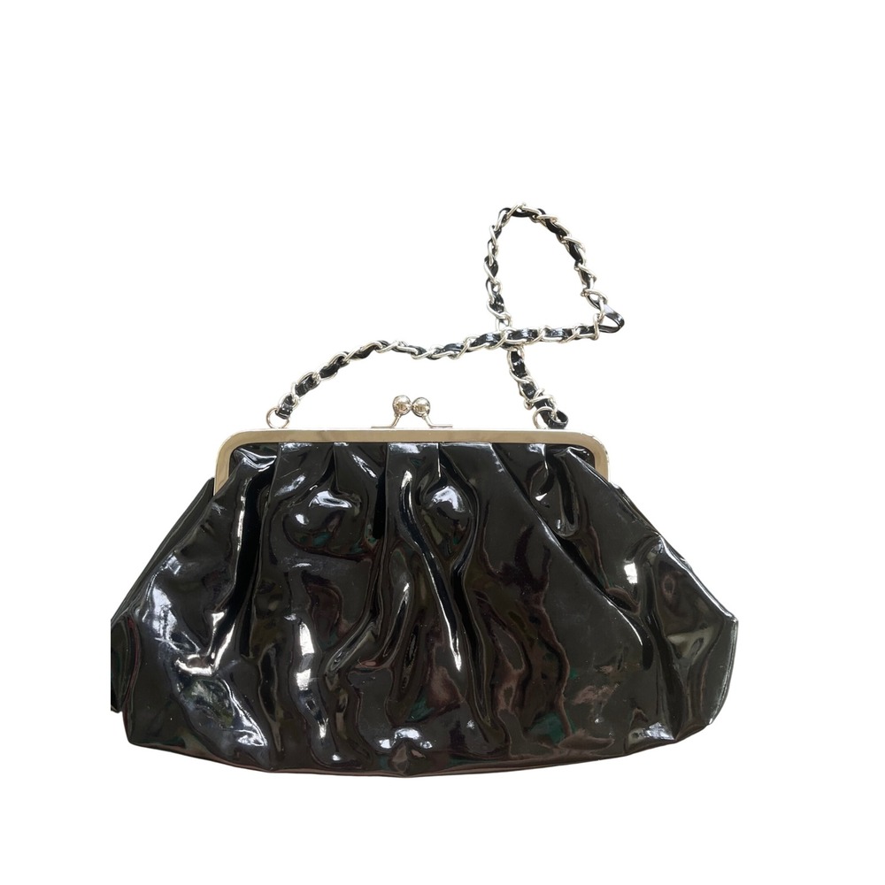 Black Patent Faux Leather Kiss Lock Clutch Evening Bag with Chain Strap